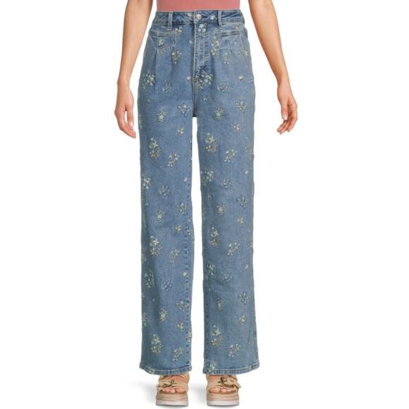 Driftwood Women's Light Wash Floral Pleated Wide Leg Jeans Size 24 - Picture 1 of 8